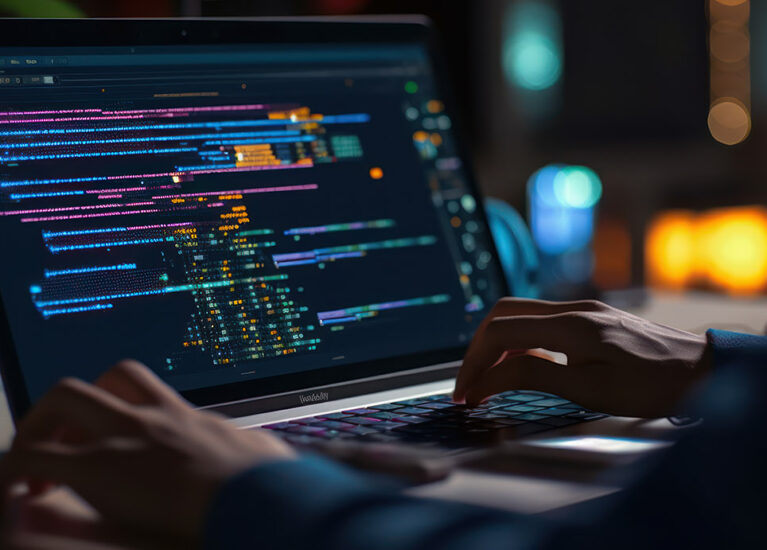 Professional Development programmer typing on a laptop Computer