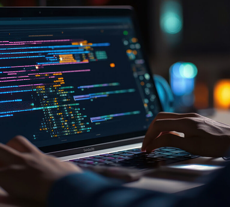 Professional Development programmer typing on a laptop Computer